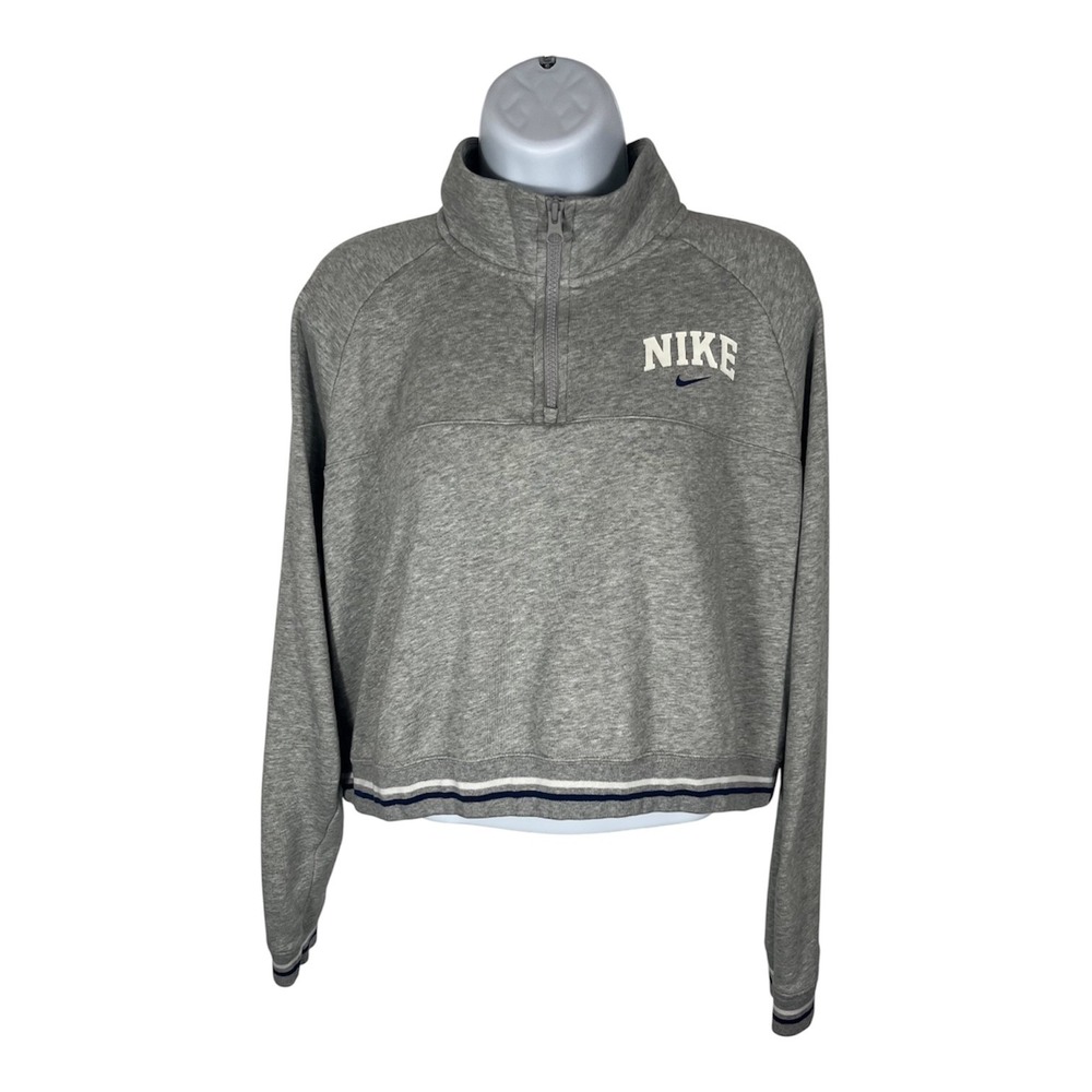 Nike Womens Sz L Varsity Fleece‎ Crop Top Pullover 1/4 Zip Heather Grey-2059